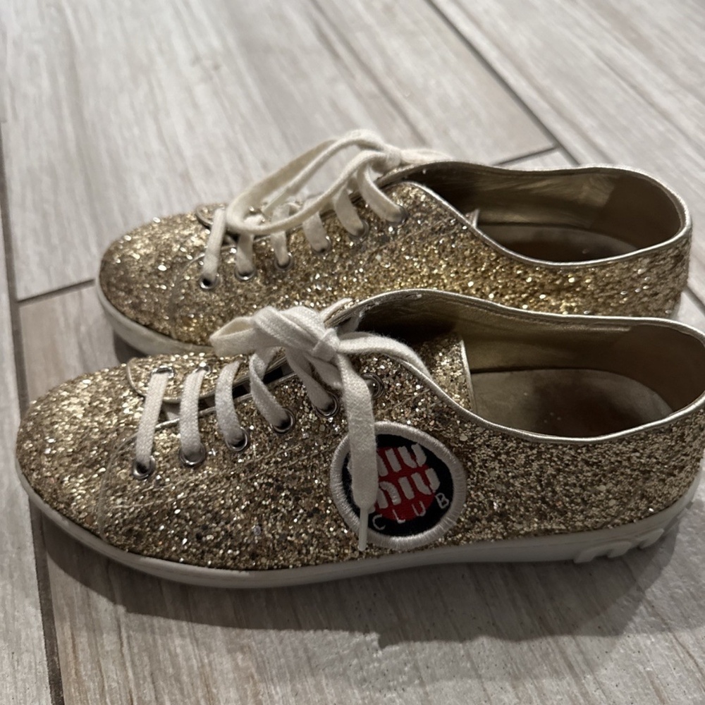 Miu Miu Sneakers Gold Glitter Wedge Flat Athletic Shoes 36.5 Lace Up Trainers